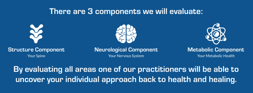 There are 3 components we will evaluate:


Structure Component
Your Spine

Neurological Component
Your Nervous System

Metabolic Component
Your Metabolic Health
By evaluating all areas one of our practitioners will be able to uncover your individual approach back to health and healing.